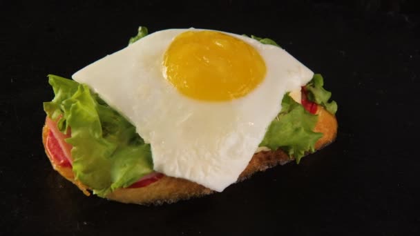 Vista superior de un delicioso sándwich fresco con pan tostado, ensalada verde, huevo, jamón — Vídeos de Stock