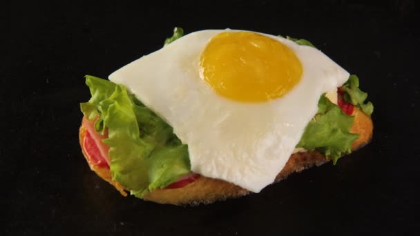 Vista superior de un delicioso sándwich fresco con pan tostado, ensalada verde, huevo, jamón — Vídeo de stock