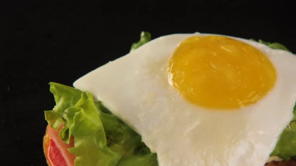 Close-up de um delicioso sanduíche fresco com pão torrado, salada verde e ovo — Vídeo de Stock