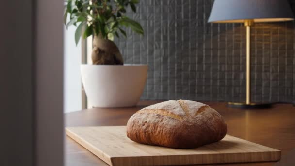 Üçgen şeklinde taze ev yapımı ekmeğin portresi. — Stok video
