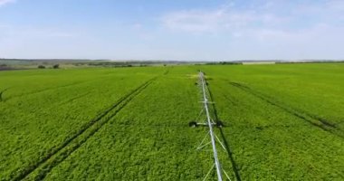 Modern sulama ekipmanıyla yeşil patates tarlası üzerinde hava aracı uçuşu