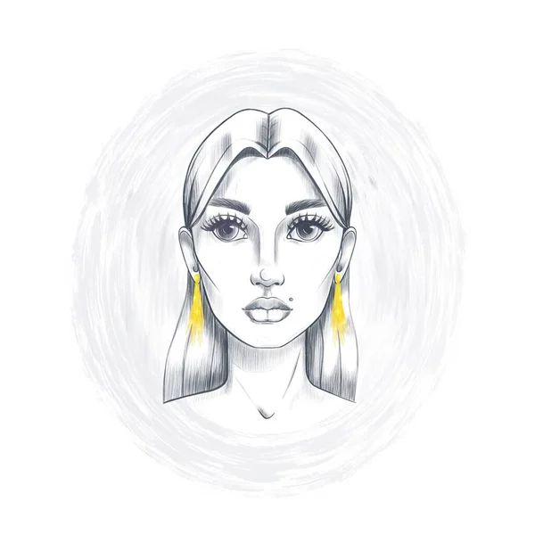 灰色の円で黄色のイヤリングを持つ若い女の子の肖像画 スケッチスタイルで手描きイラスト アバター 美容室 ファッションデザイン Tシャツプリントに最適 — ストック写真