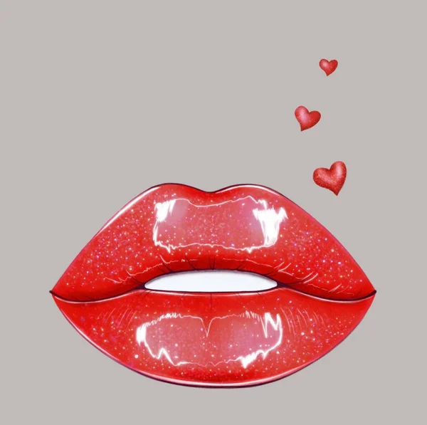 Passion Lèvres Rouges Avec Des Cœurs Baiser Saint Valentin Illustration — Photo