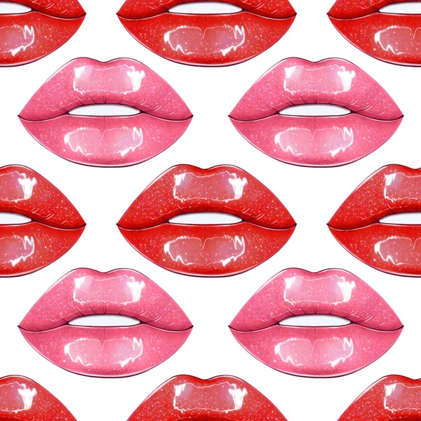 Seamless Pattern Red Pink Lipstick Kiss Teeth White Background Hand — Fotografia de Stock