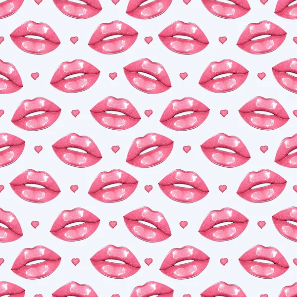 Seamless Pattern Lips Hearts Hand Drawn Illustration Glossy Pink Lips — Stockfoto