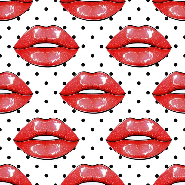 Seamless pattern with lips and dots background. Hand drawn illustration of female juicy sexy red lips and black dots isolated on a white background.