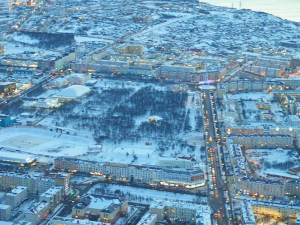 Nigth North Town Winter Snow Half Cost Fligt Top Drone — Stock Photo, Image