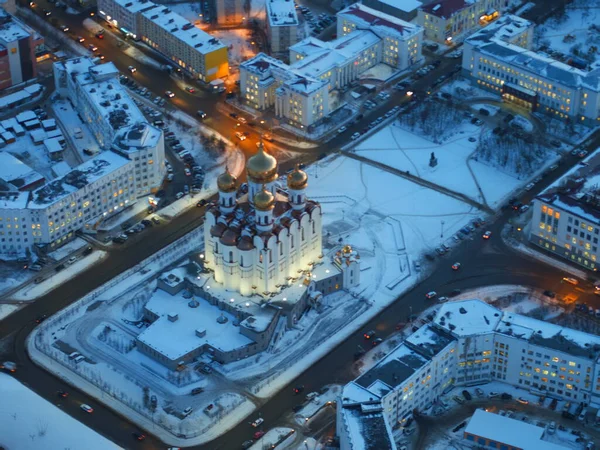 Nigth Norra Staden Vinter Snö Och Halva Kostnaden Fligt Topp — Stockfoto