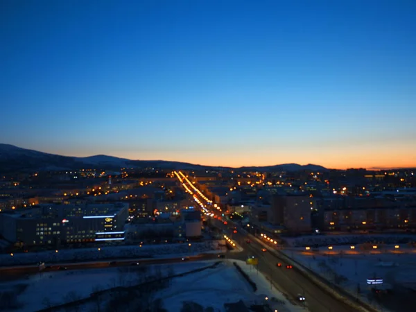 Nigth Norte Cidade Inverno Neve Metade Custo Fligt Top Drone — Fotografia de Stock