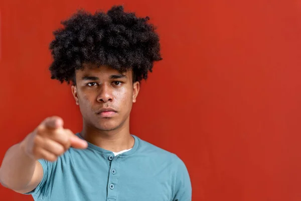 Portrait Serious African American Man Pointing Camera Isolated Red Background — Fotografia de Stock