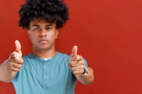 Portrait Serious African American Man Pointing Camera Isolated Red Background — Fotografia de Stock