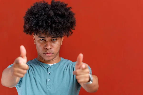 Portrait Serious African American Man Pointing Camera Isolated Red Background — Fotografia de Stock