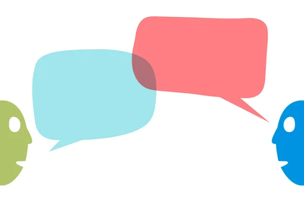 Two people faces talking between with speech bubbles - stock illustration