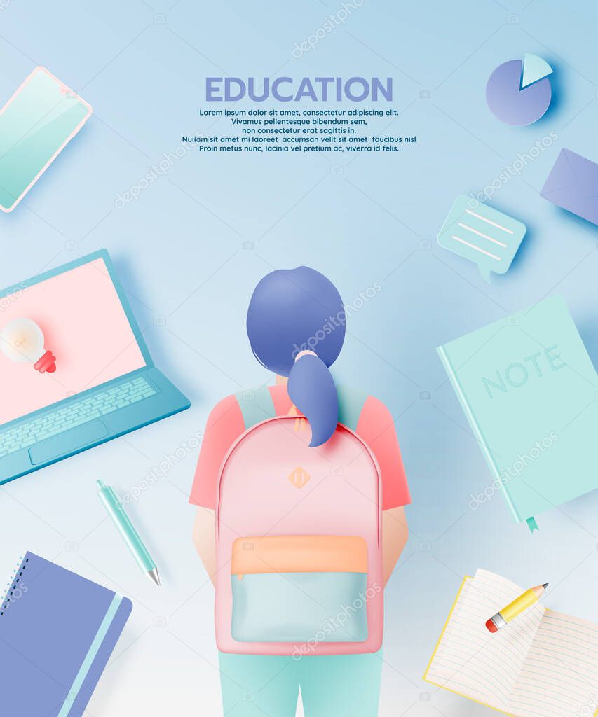 Student prepare to off to college with various school supplies in pastel color scheme vector illustration