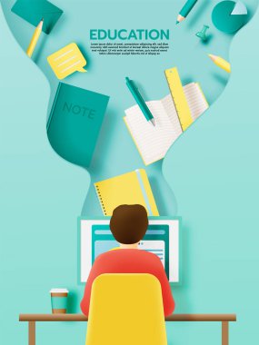 Öğrenci üniversiteye Pastel renk şeması illüstrasyonunda çeşitli okul malzemeleriyle gitmeye hazırlanıyor.