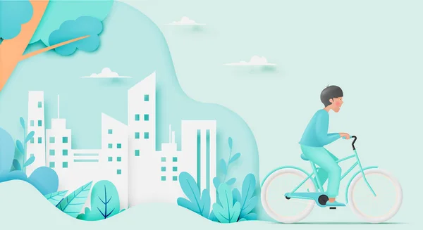 Young man ride bicycle for world bicycle day and car free day in pastel color scheme concept art vector illustration