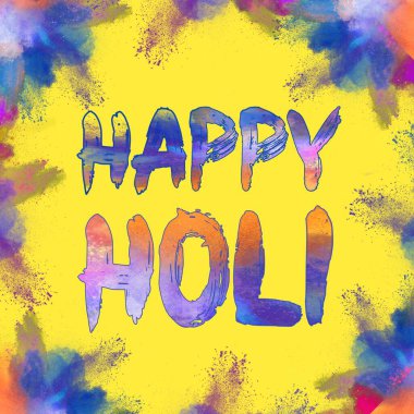 Mutlu Holi 'ler. Geleneksel Hindu Festivali Kutlaması Hindistan 'da. Holi Renkli Arka plan. Renk Festivali. Sarı Arkaplan