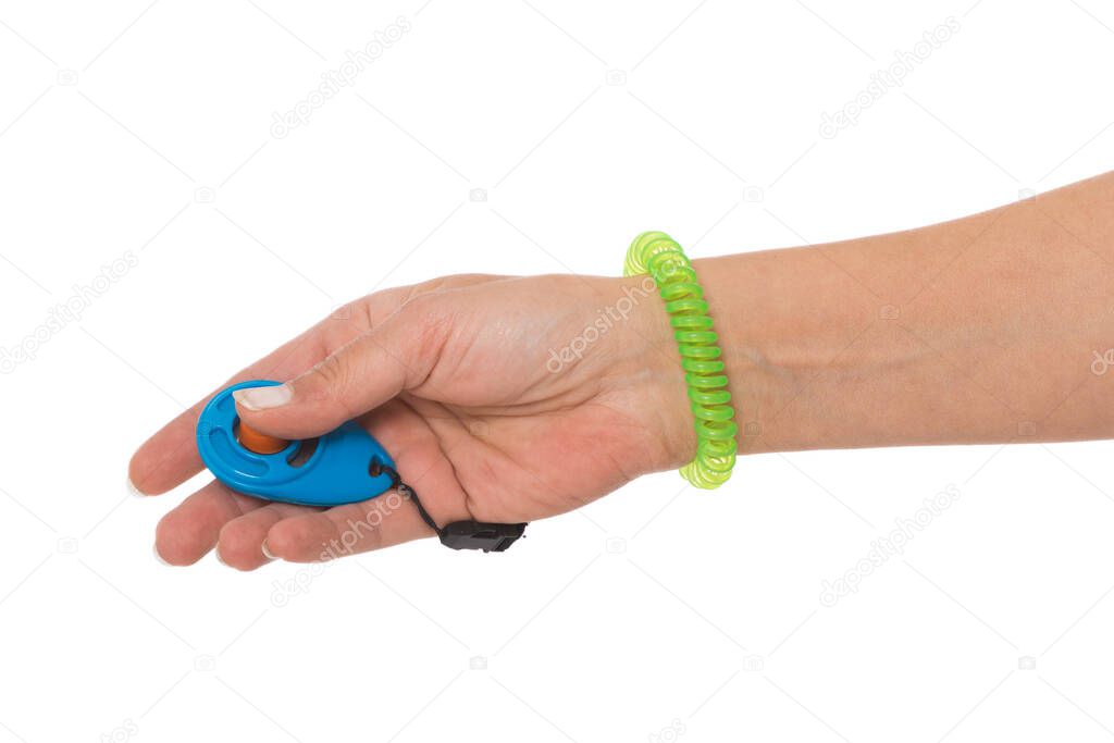 Hand holding dog training clicker