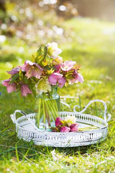 Ramo Flores Primavera Una Tableta Jardín — Foto de Stock