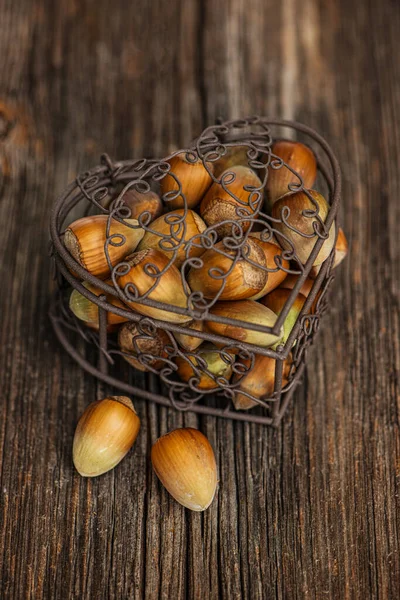 Fresh Hazelnuts Little Heart Basket — Stock Photo, Image
