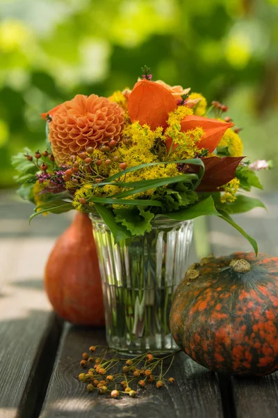 Colorful Autumn Flowers Bouquet Pumpkins — Stock Photo, Image