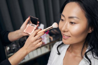 Tanımlanamayan vizeci çekici bayan müşteriyle çalışıyor.