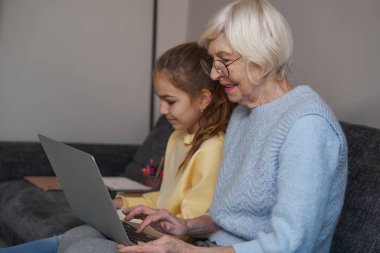 Mutlu büyükanne torunuyla vakit geçirirken dizüstü bilgisayar kullanıyor.