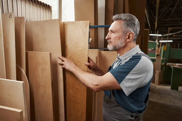 Concentrated bearded craftsman choosing veneer in workshop — Foto Stock