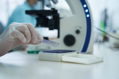 Laborants doing medical researches with microscopes in clinic