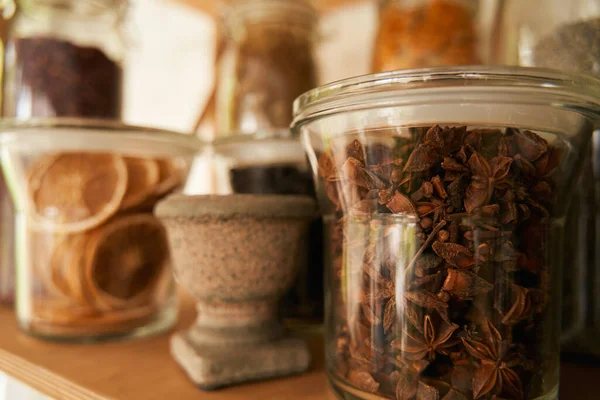 Close Glass Jars Herbs Candied Orange Wooden Shelf Rural Sop — Stock Photo, Image