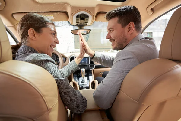 Happy Couple Business Lady Gentleman Slapping Hands Smiling While Celebrating — Stock Photo, Image