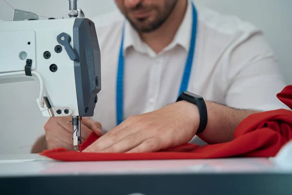 Cropped Head Close Low Angle Cheerful Male Dressmaker Working Equipment — Stock Photo, Image