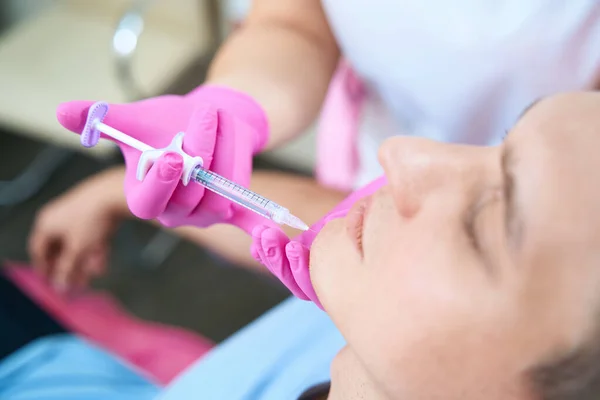 Top View Close Cropped Head Woman Hand Sterile Glove Holding — Foto de Stock