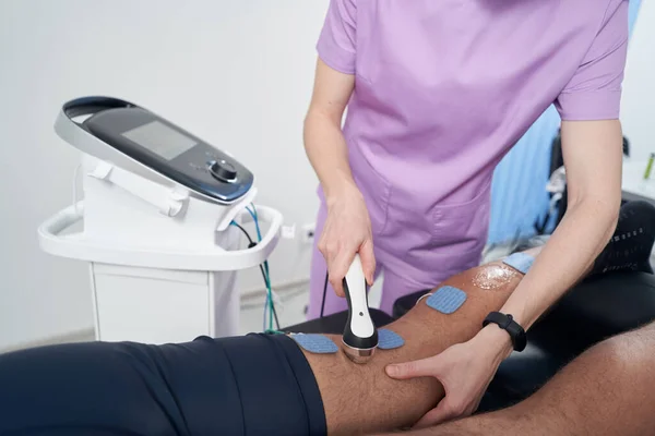 Close Female Physiotherapist Hands Massaging Male Patient Leg Medical Ultrasound — 图库照片