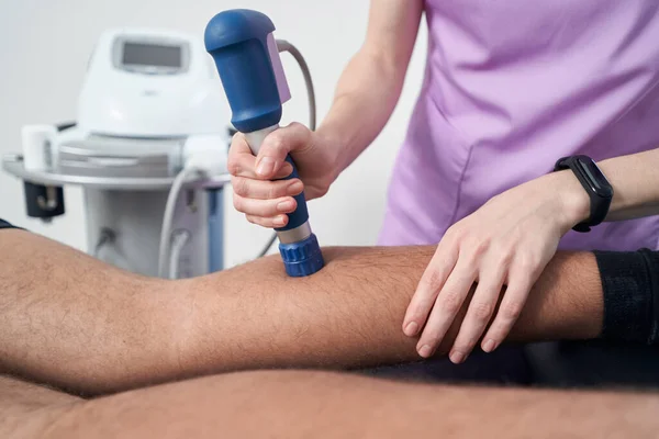 Close Woman Doctor Hands Performing Physiotherapy Procedure Male Leg Medical — Stockfoto