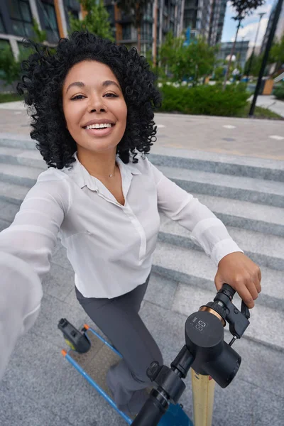Smiling Multiracial Young Female Taking Photo Herself Scooter — 图库照片