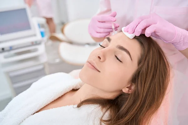 Relaxed Lady Lies Closed Eyes While She Injected Cosmetic Product — Photo