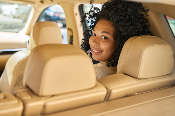 Joyful Young Female Rides Back Seat Beautiful Car Her Hair — 스톡 사진