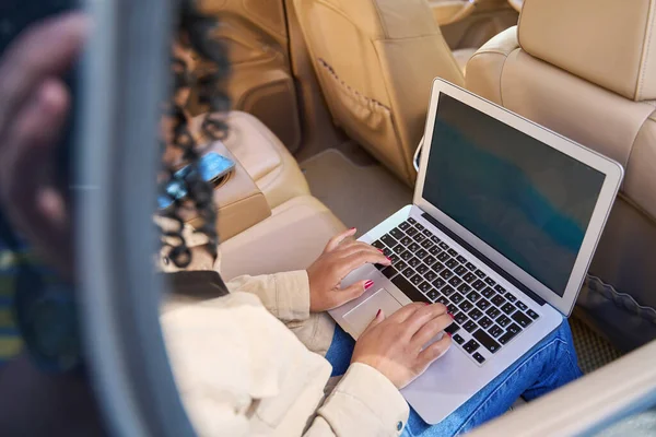 Mixed Race Passenger Works Laptop Back Seat Modern Comfortable Car — 스톡 사진