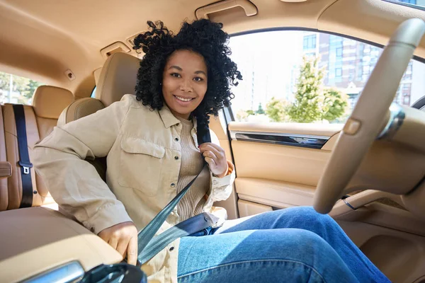 Young Mixed Race Woman Getting Ready Trip Driving Car She — Zdjęcie stockowe