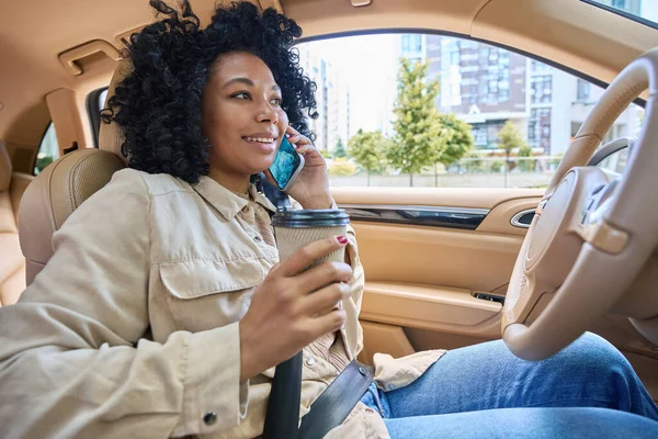 Smiling Multiracial Woman Wearing Seat Belt Talking Phone Comfortable Car — Zdjęcie stockowe