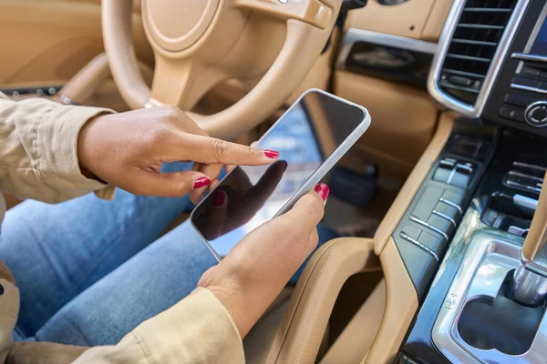 Female Blue Jeans Beige Jacket Sits Interior Modern Car Phone — Stockfoto