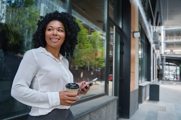 Charming Mixed Race Female Sweet Smile Came Out Coffee Break — Stok fotoğraf