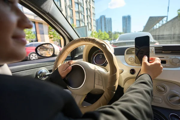 Woman Hijab Touching Phone While Driving Car — Stockfoto