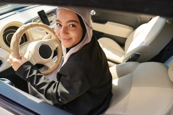 Young Arab Woman Holding Steering Wheel Car Bright Interior — Fotografia de Stock