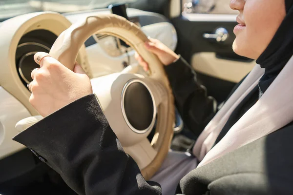 Young Arab Woman Keeps Her Hands Steering Wheel Car Beige — Fotografia de Stock