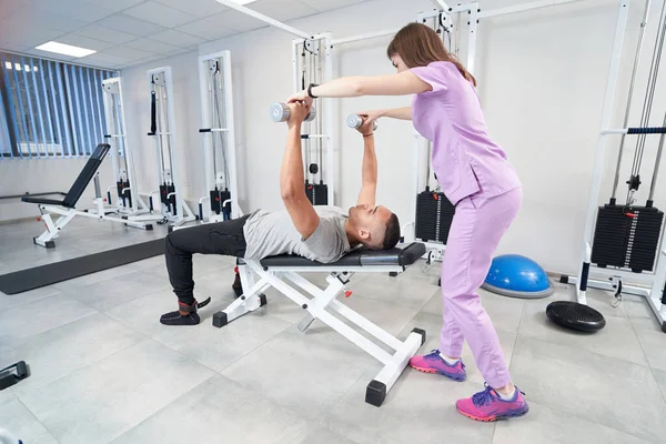 Male Patient Using Sports Equipment While Having Kinesiotherapy Rehabilitation Training — Photo