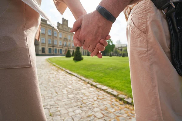 Strong Male Person Wearing Fitness Bracelet Keeping Hand His Wife — Stock Photo, Image