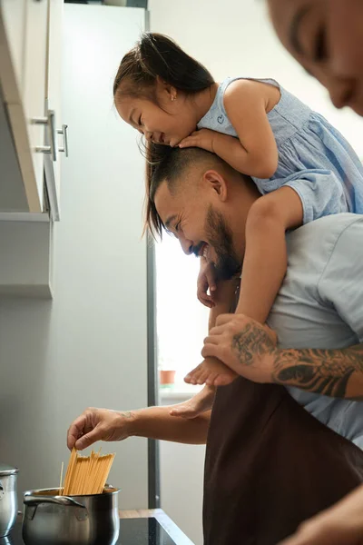 Cheerful Asian Father Tattoo His Arm Holds Joyful Daughter Two — Stock Photo, Image