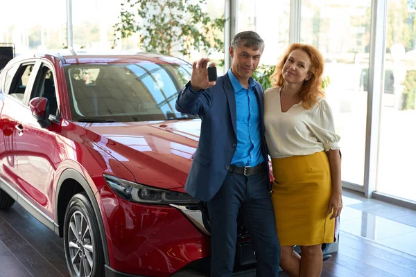 Handsome Middle Aged Man Holds Keychain New Car His Hands — Stock Photo, Image